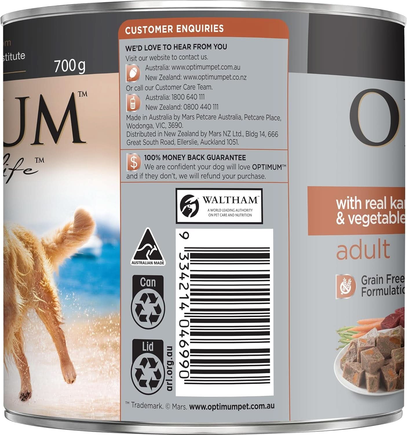 OPTIMUM Adult Wet Dog Food with Real Kangaroo & Vegetables Grain Free 700G Can, 12 Pack