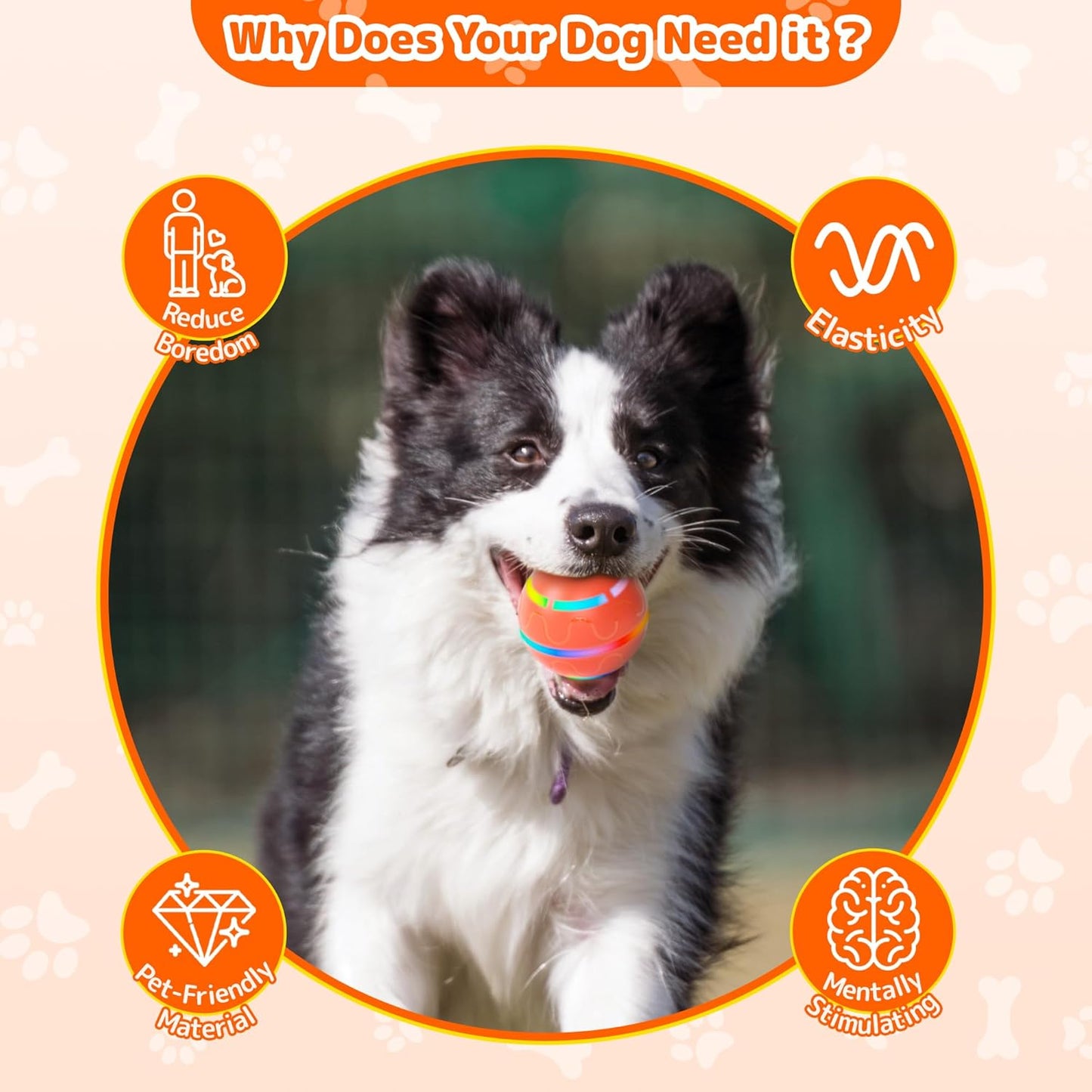 Interactive Dog Toys - Tough Dog Ball Chew Toy, Automatic Motion Activated Interactive Pet Toys for Small/Medium/Large Dogs for Indoor/Outdoor Boredom Enrichment, USB Rechargeable, Orange