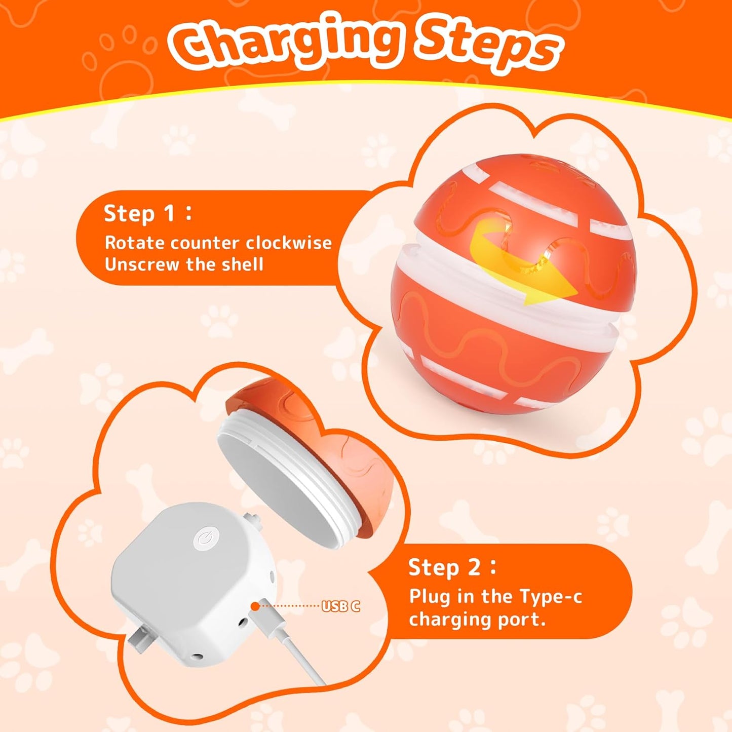 Interactive Dog Toys - Tough Dog Ball Chew Toy, Automatic Motion Activated Interactive Pet Toys for Small/Medium/Large Dogs for Indoor/Outdoor Boredom Enrichment, USB Rechargeable, Orange
