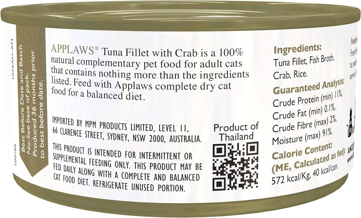 Applaws 100% Natural Wet Cat Food Tuna Fillet with Crab in Broth Tin 70G (Pack of 24), Limited Ingredients Pet Food