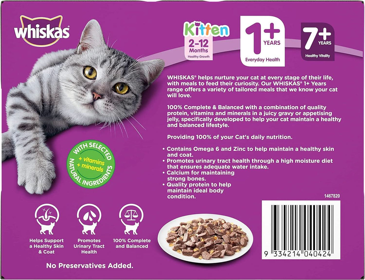 Whiskas 1+ Years Wet Cat Food with Chicken Favourites in Jelly 12 X 85g, 5 Pack (60 Pouches)