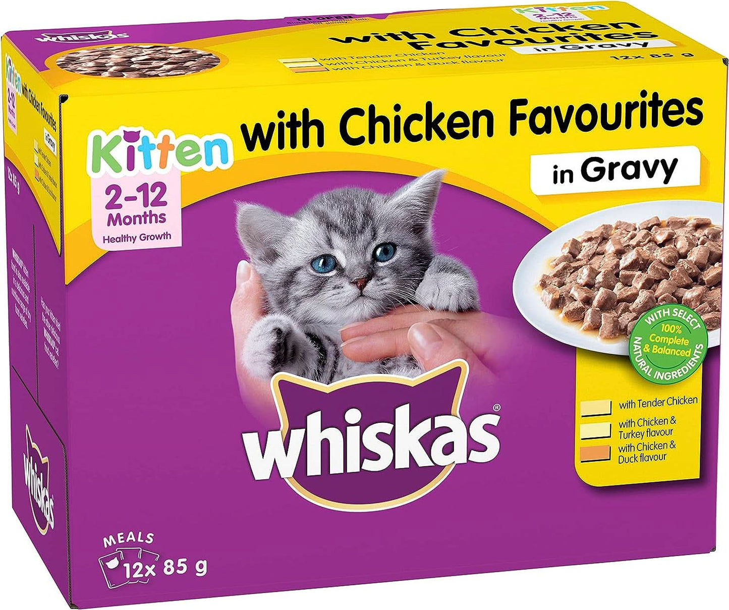 Whiskas Kitten 2-12 Months Wet Cat Food with Chicken Favourites in Gravy 12X85G, 5 Pack (60 Pouches)