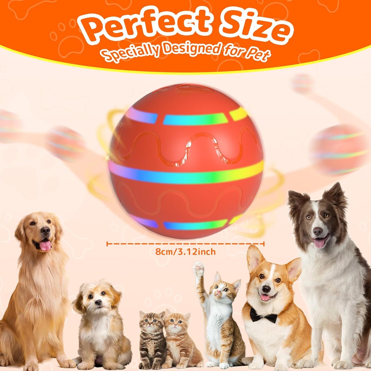Interactive Dog Toys - Tough Dog Ball Chew Toy, Automatic Motion Activated Interactive Pet Toys for Small/Medium/Large Dogs for Indoor/Outdoor Boredom Enrichment, USB Rechargeable, Orange