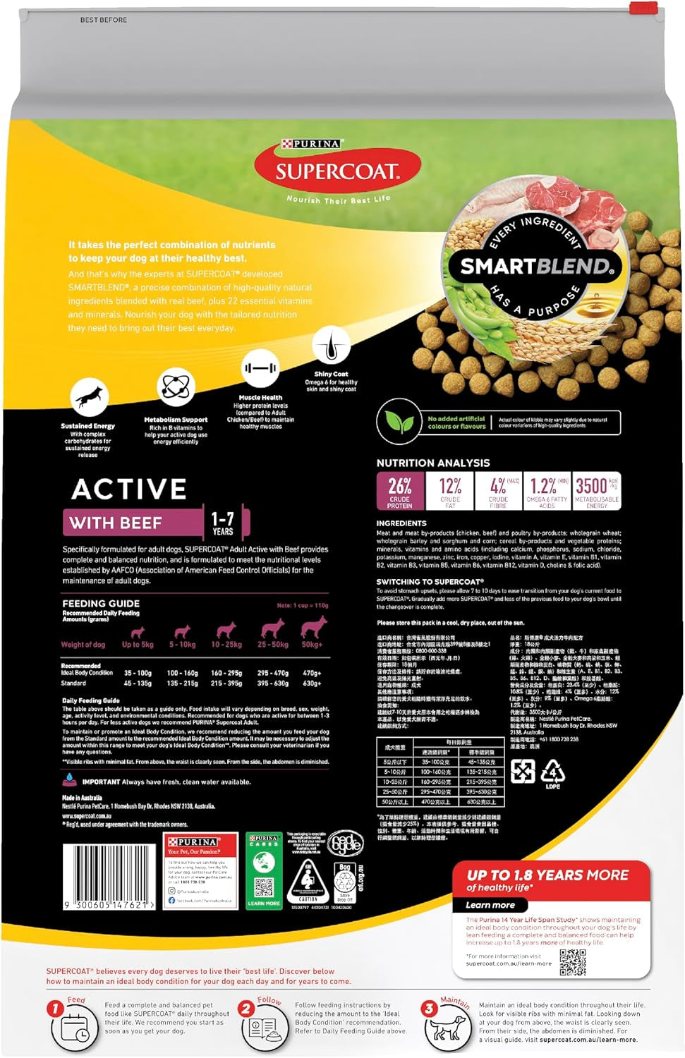 SUPERCOAT SMARTBLEND Adult Dry Dog Food Beef 18Kg