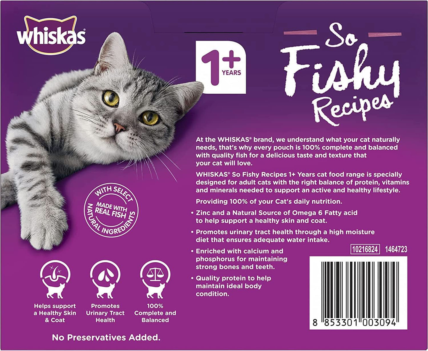 Whiskas So Fishy Recipes 1+ Years Wet Cat Food Seafood in Jelly 12 X 85g 5 Pack (60 Pouches)