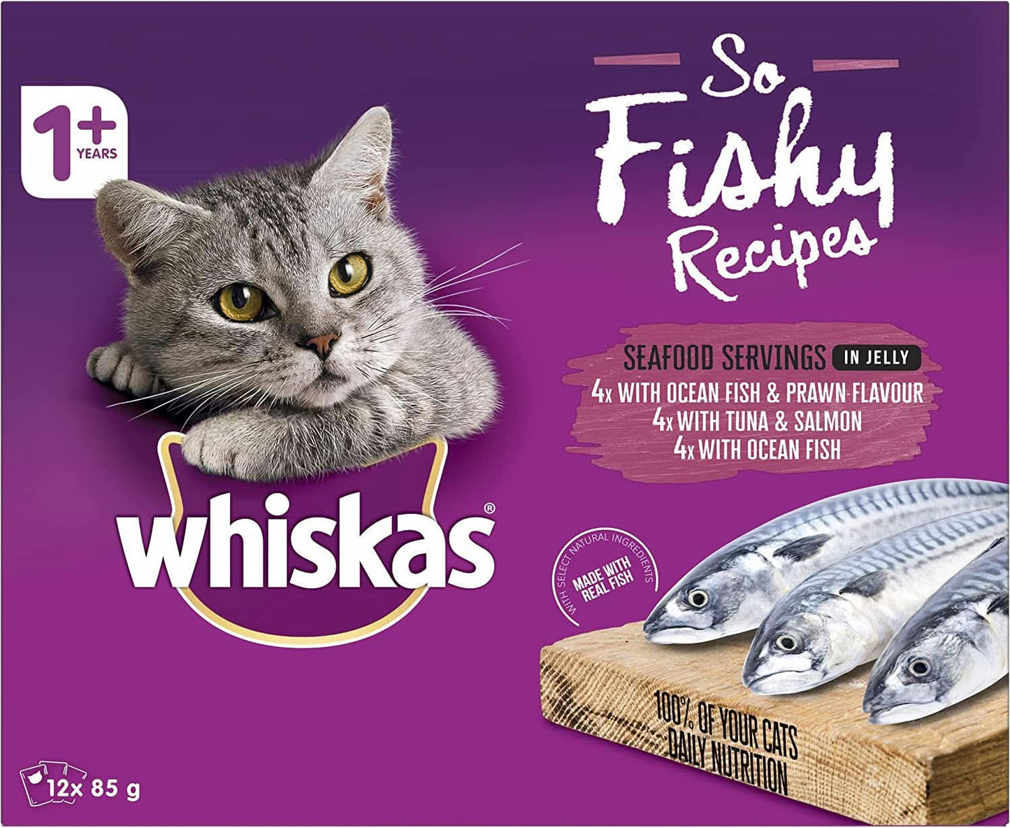 Whiskas So Fishy Recipes 1+ Years Wet Cat Food Seafood in Jelly 12 X 85g 5 Pack (60 Pouches)