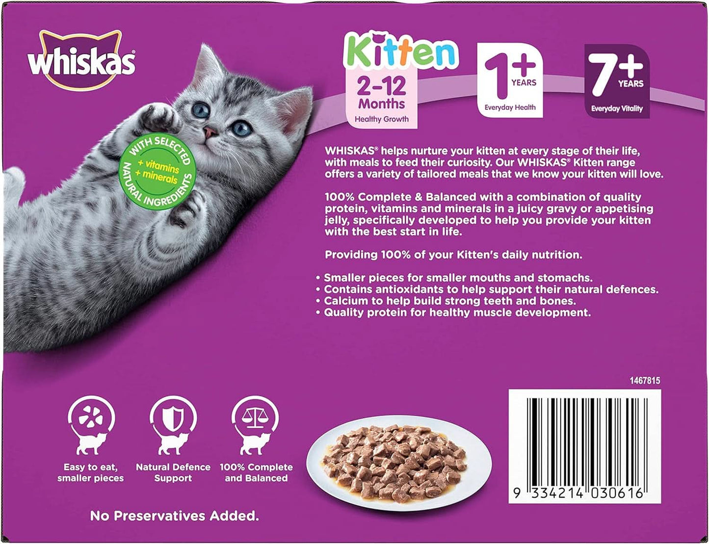Whiskas Kitten 2-12 Months Wet Cat Food with Chicken Favourites in Gravy 12X85G, 5 Pack (60 Pouches)