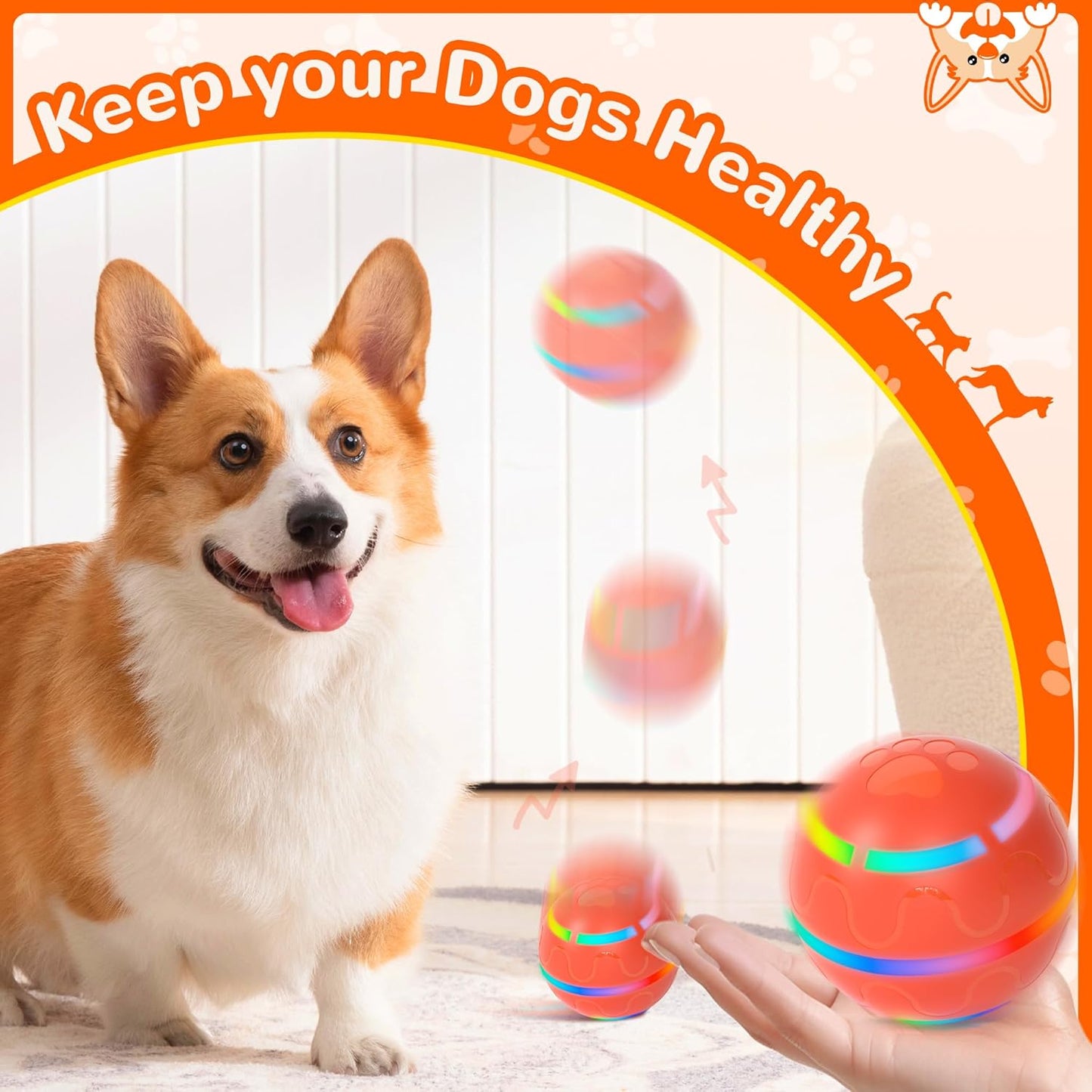 Interactive Dog Toys - Tough Dog Ball Chew Toy, Automatic Motion Activated Interactive Pet Toys for Small/Medium/Large Dogs for Indoor/Outdoor Boredom Enrichment, USB Rechargeable, Orange