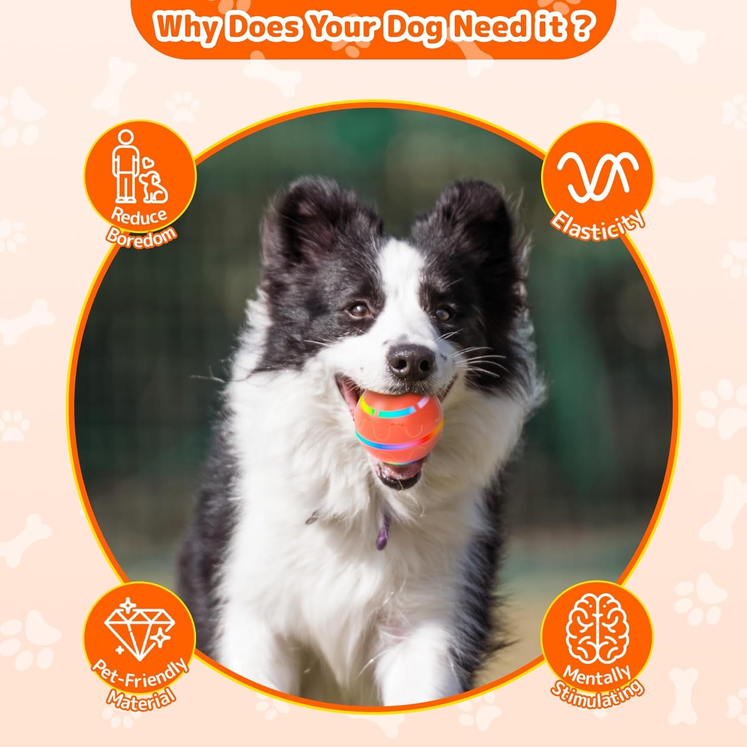 Interactive Dog Toys - Tough Dog Ball Chew Toy, Automatic Motion Activated Interactive Pet Toys for Small/Medium/Large Dogs for Indoor/Outdoor Boredom Enrichment, USB Rechargeable, Orange