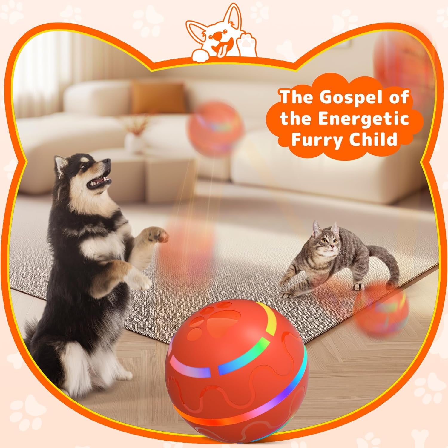 Interactive Dog Toys - Tough Dog Ball Chew Toy, Automatic Motion Activated Interactive Pet Toys for Small/Medium/Large Dogs for Indoor/Outdoor Boredom Enrichment, USB Rechargeable, Orange