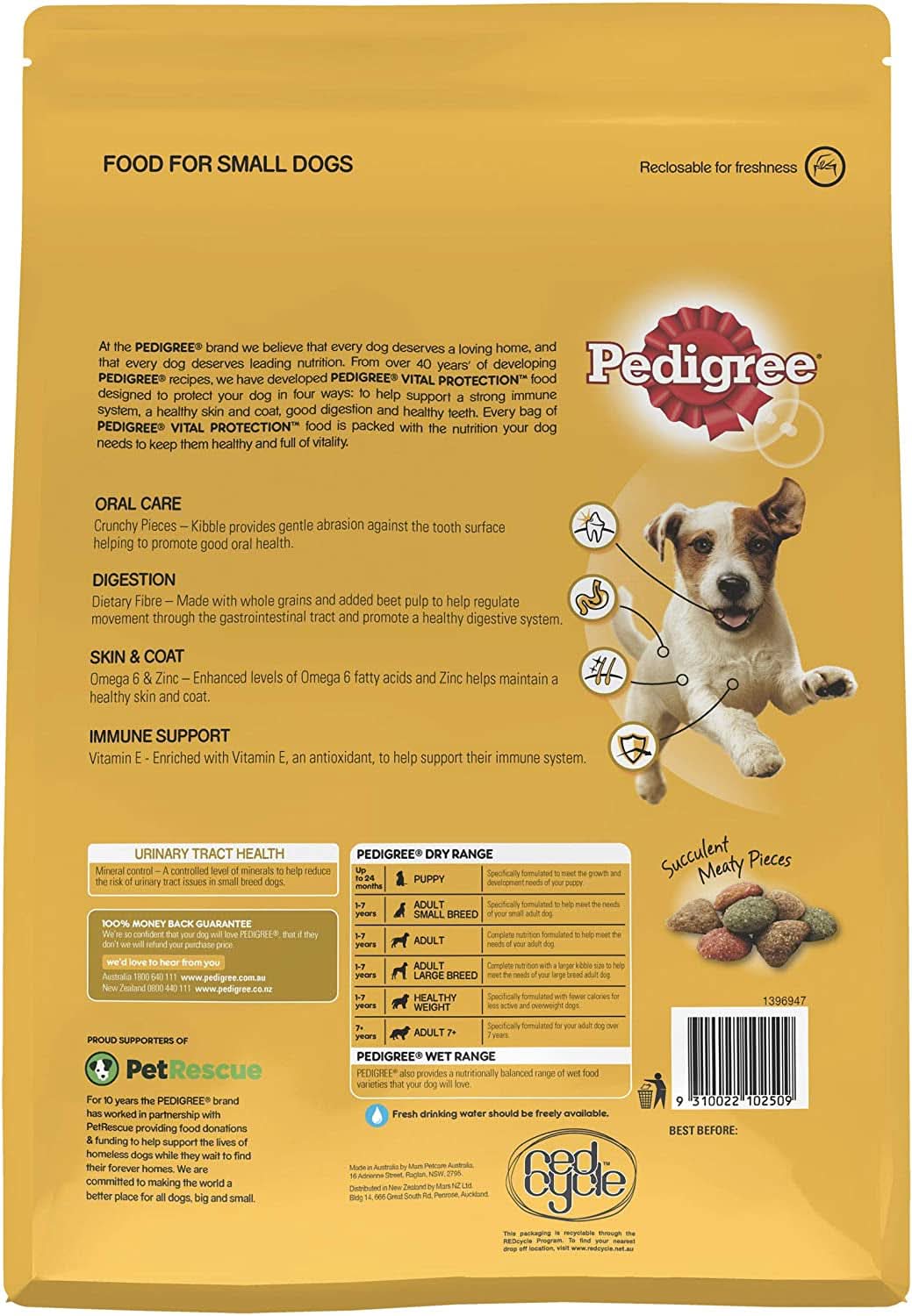 Pedigree Adult Small Breed Dry Dog Food with Real Beef & Veggies 2.5kg Bag x Pack of 4