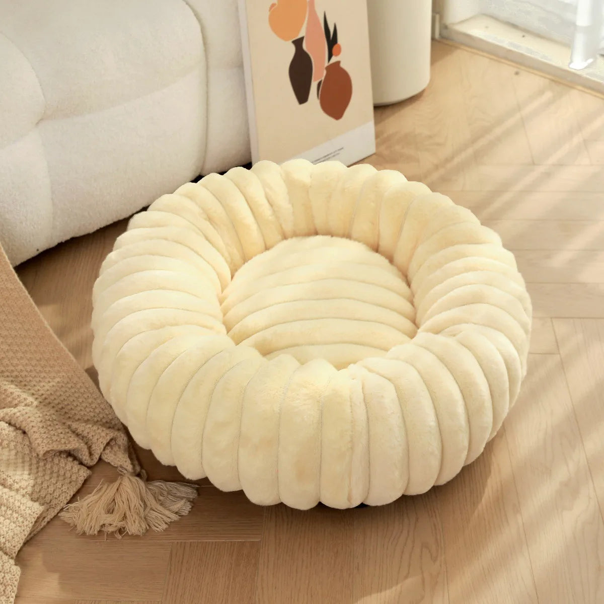 Super Soft 40cm Round Pet Bed  Non Removable/ Long Plush Dog House for Medium Dog House Winter Warm Sleeping
