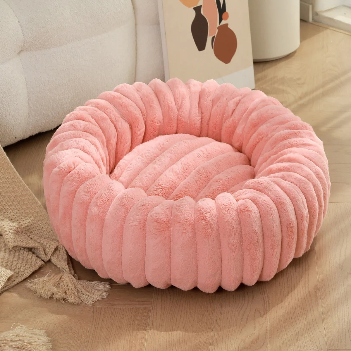 Super Soft 40cm Round Pet Bed  Non Removable/ Long Plush Dog House for Medium Dog House Winter Warm Sleeping