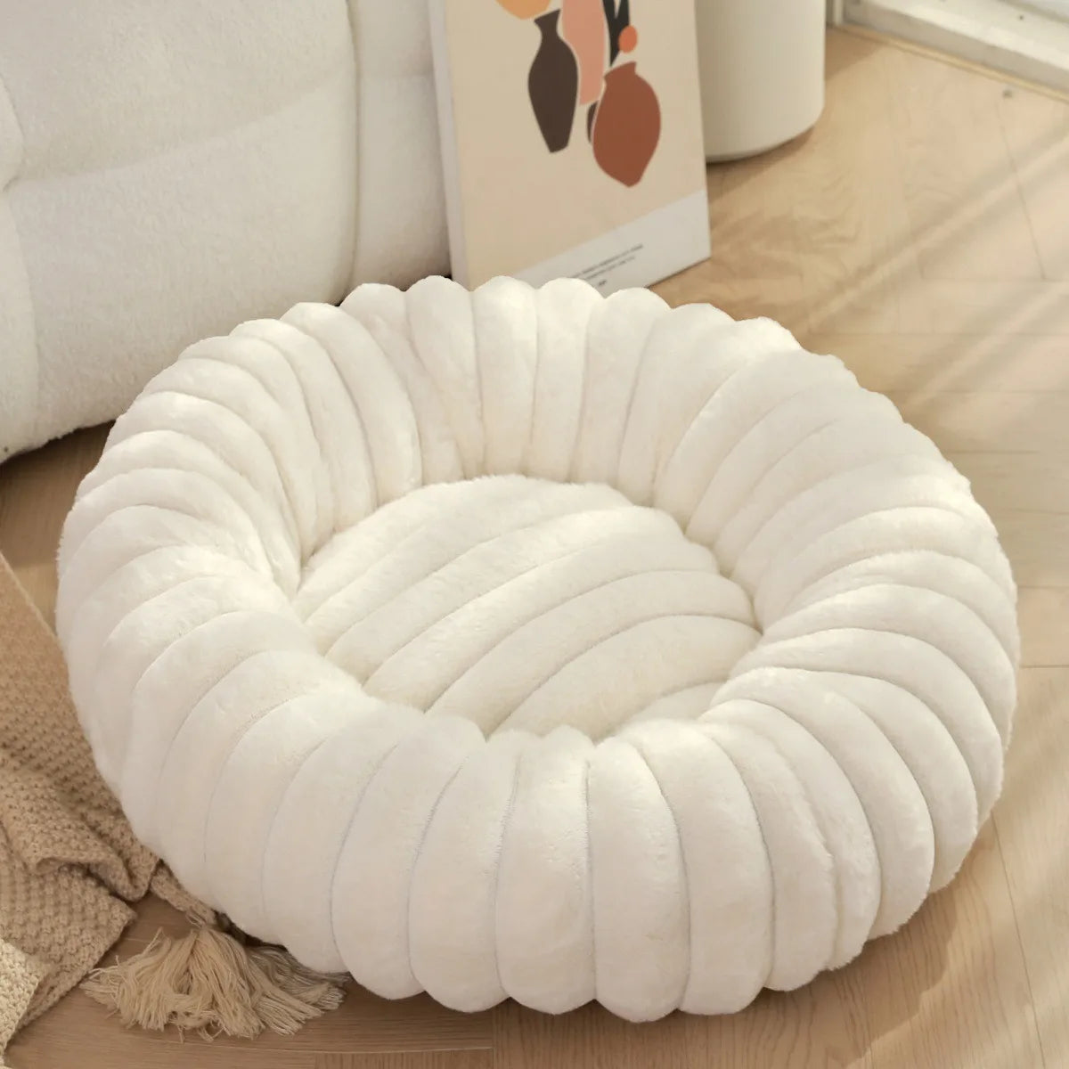 Super Soft 40cm Round Pet Bed  Non Removable/ Long Plush Dog House for Medium Dog House Winter Warm Sleeping