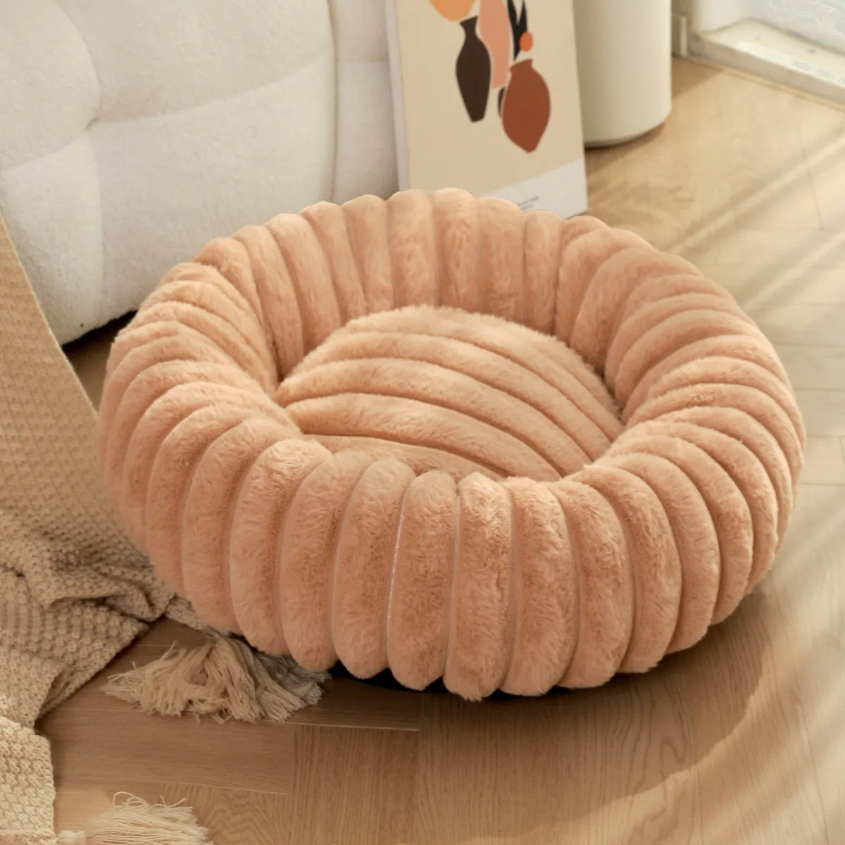 Super Soft 40cm Round Pet Bed  Non Removable/ Long Plush Dog House for Medium Dog House Winter Warm Sleeping