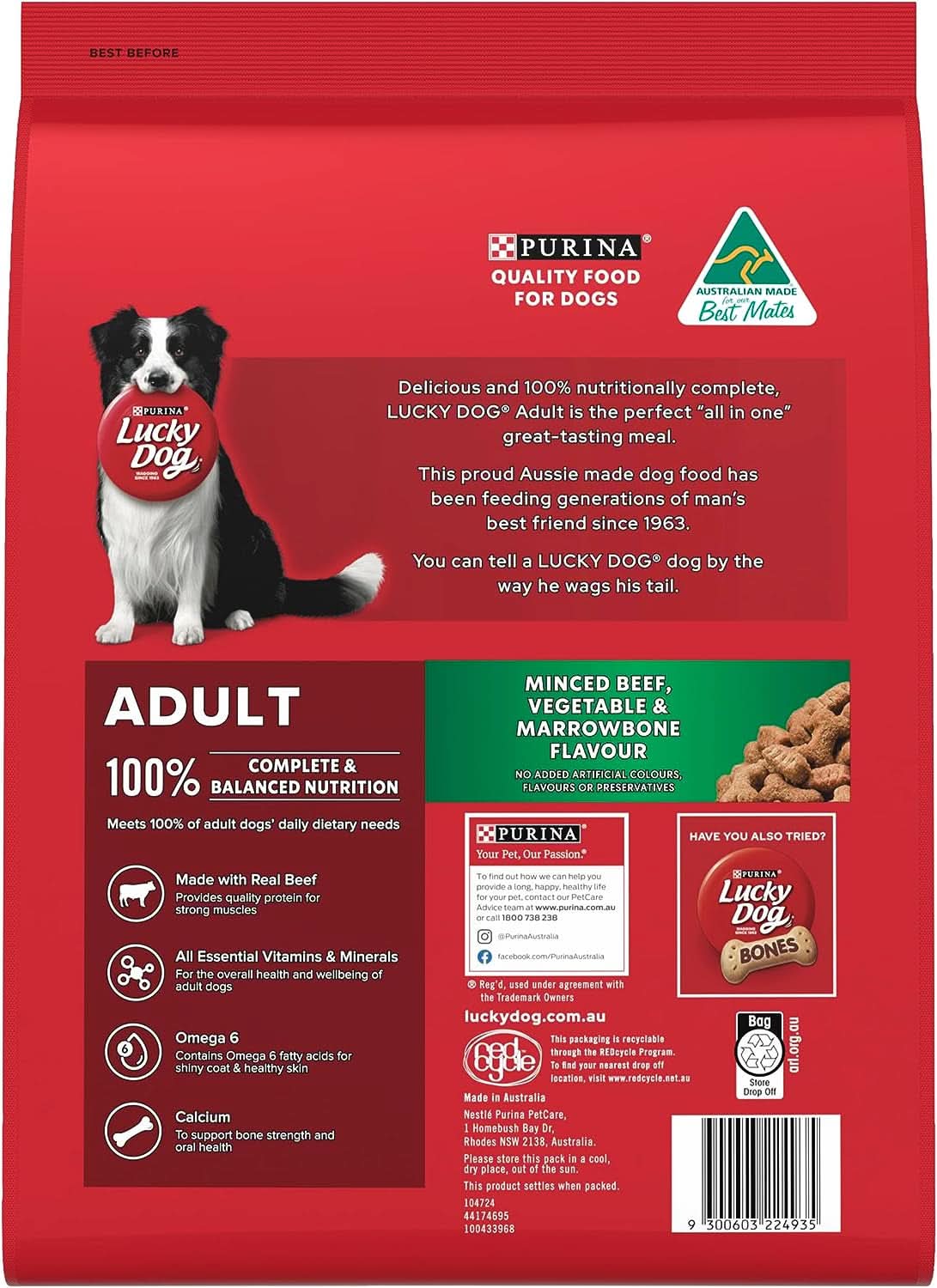 Lucky Dog Adult Minced Beef Vegetable and Marrowbone Flavour Dry Dog Food 8kg